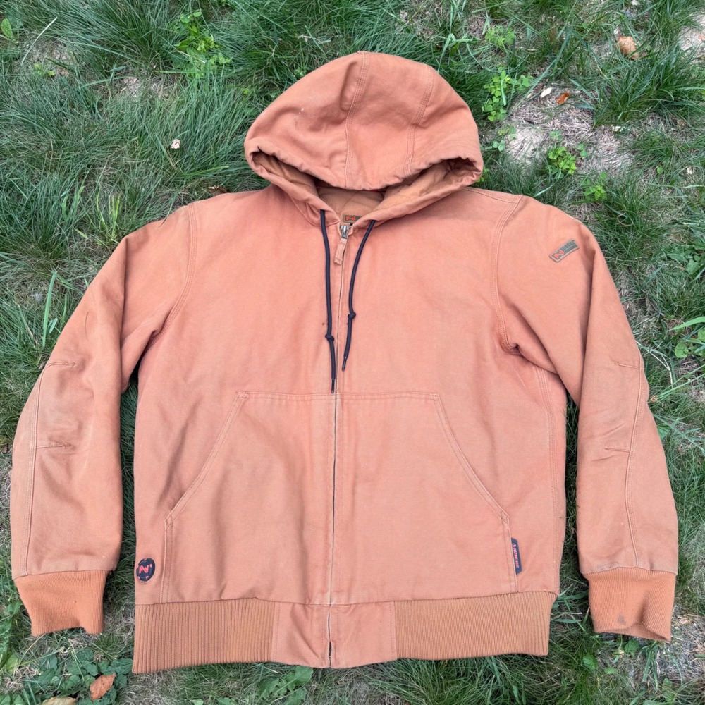 Mobile Warming Mens Heated Workwear Jacket Duck Canvas Brown Hooded Full Zip LG